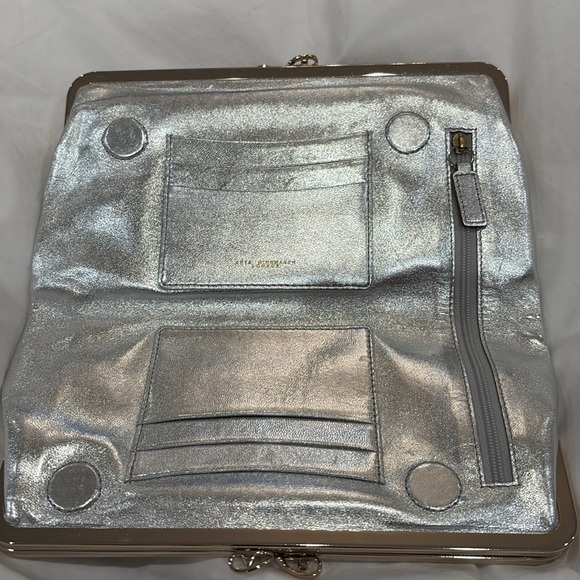 RARE Anya Hindmarch Metallic Silver Leather Bifold Double Kisslock Wallet Clutch - Picture 2 of 10